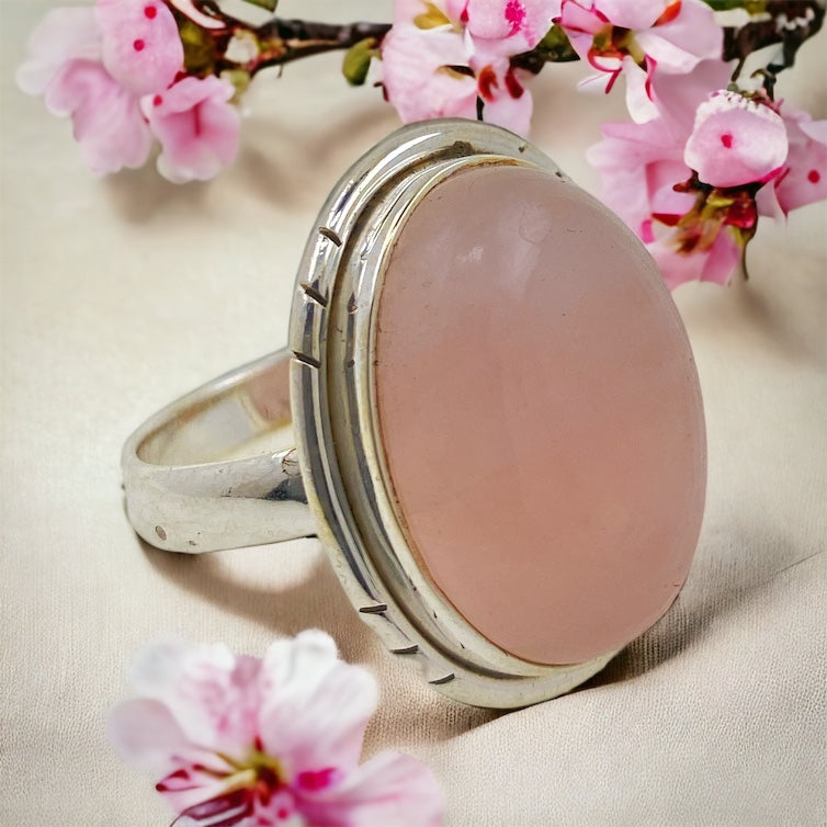 Anillo Plata LISO MINERAL CUARZO ROSA REF1190