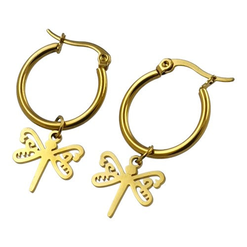 Pendientes Argollas Acero Dorado Libelula