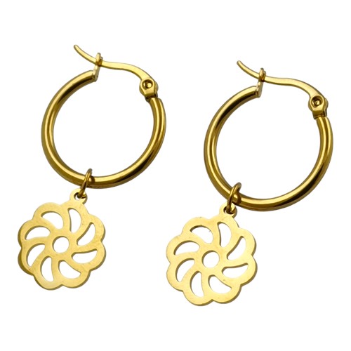 Pendientes Argollas Acero Dorado Flor