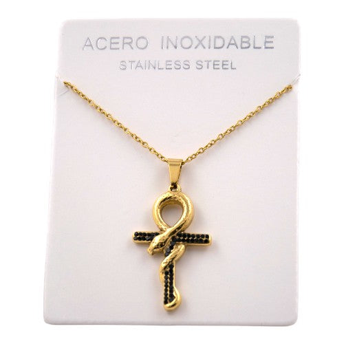 Colgante Acero Dorado Cruz Serpiente Ankh Negro 5