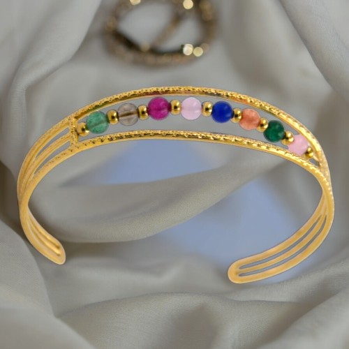 Brazalete Acero Dorado con bolas colores REF. 8