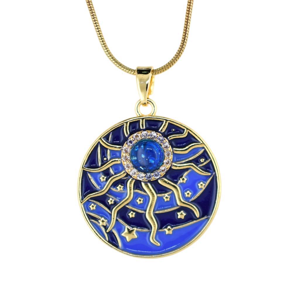 Colgante Acero Dorado sol y estrellas Azul circoni