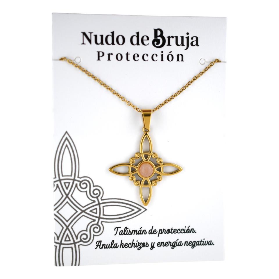 Colgante acero dorado Nudo de Bruja Cuarzo Rosa -6