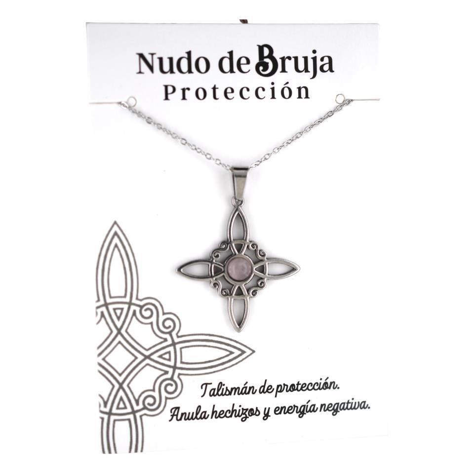 Colgante acero plateado Nudo de Bruja Cuarzo Rosa6