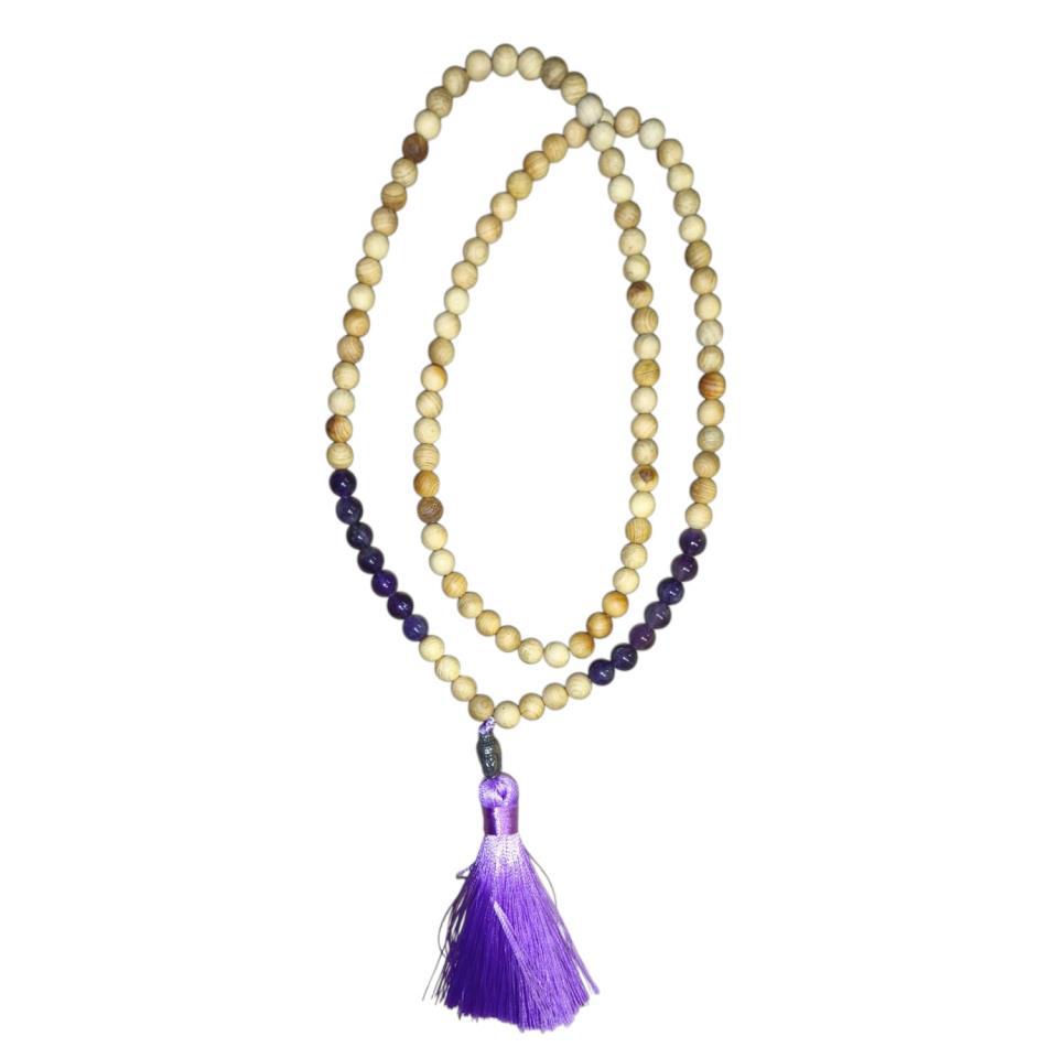 Japa Mala de madera y mineral Amatista 8mm - 9