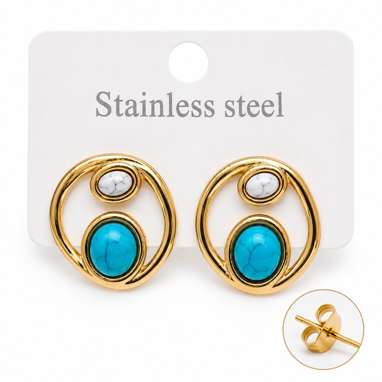 Pendientes de Acero Inoxidable Dorado con Turquesina y Howlita