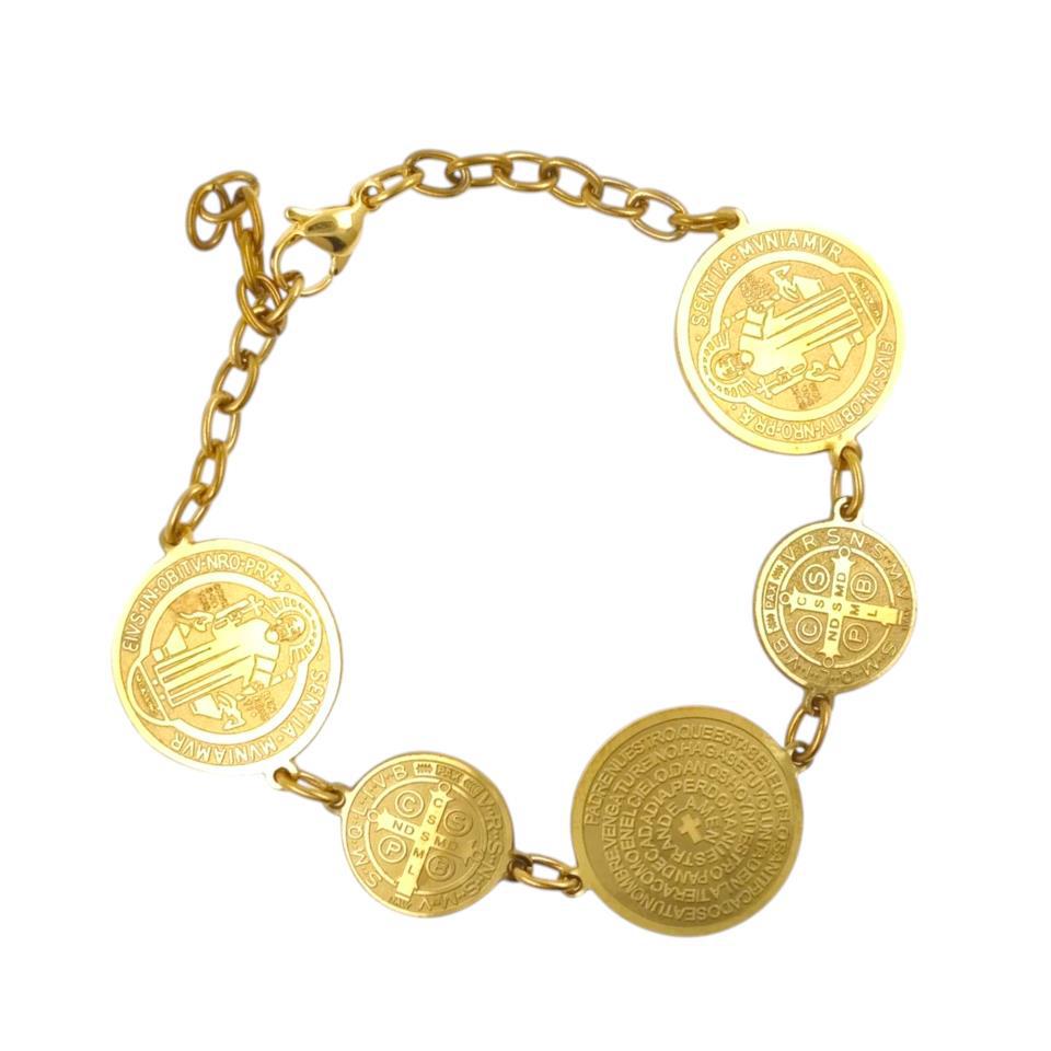 Pulsera acero San Benito Padre Nuestro Dorado 7