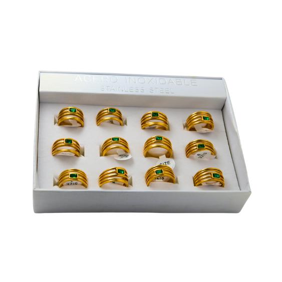 SET 12 ANILLOS DE ACERO – MOD. 02 CIRCONITA VERDE