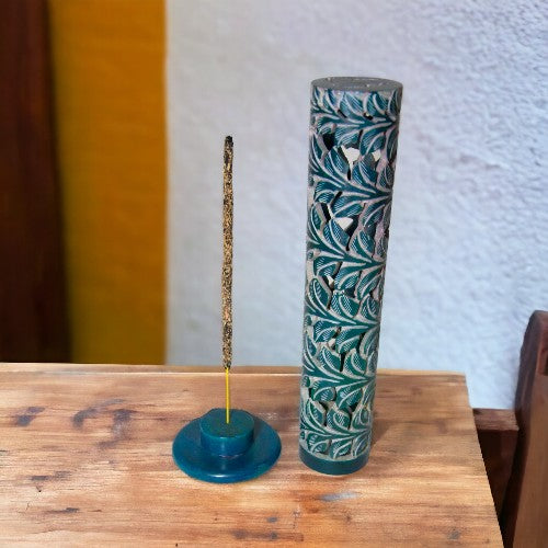 Torre de incienso de PIEDRA DE JABÓN 10,5" color turquesa No.-9901 I