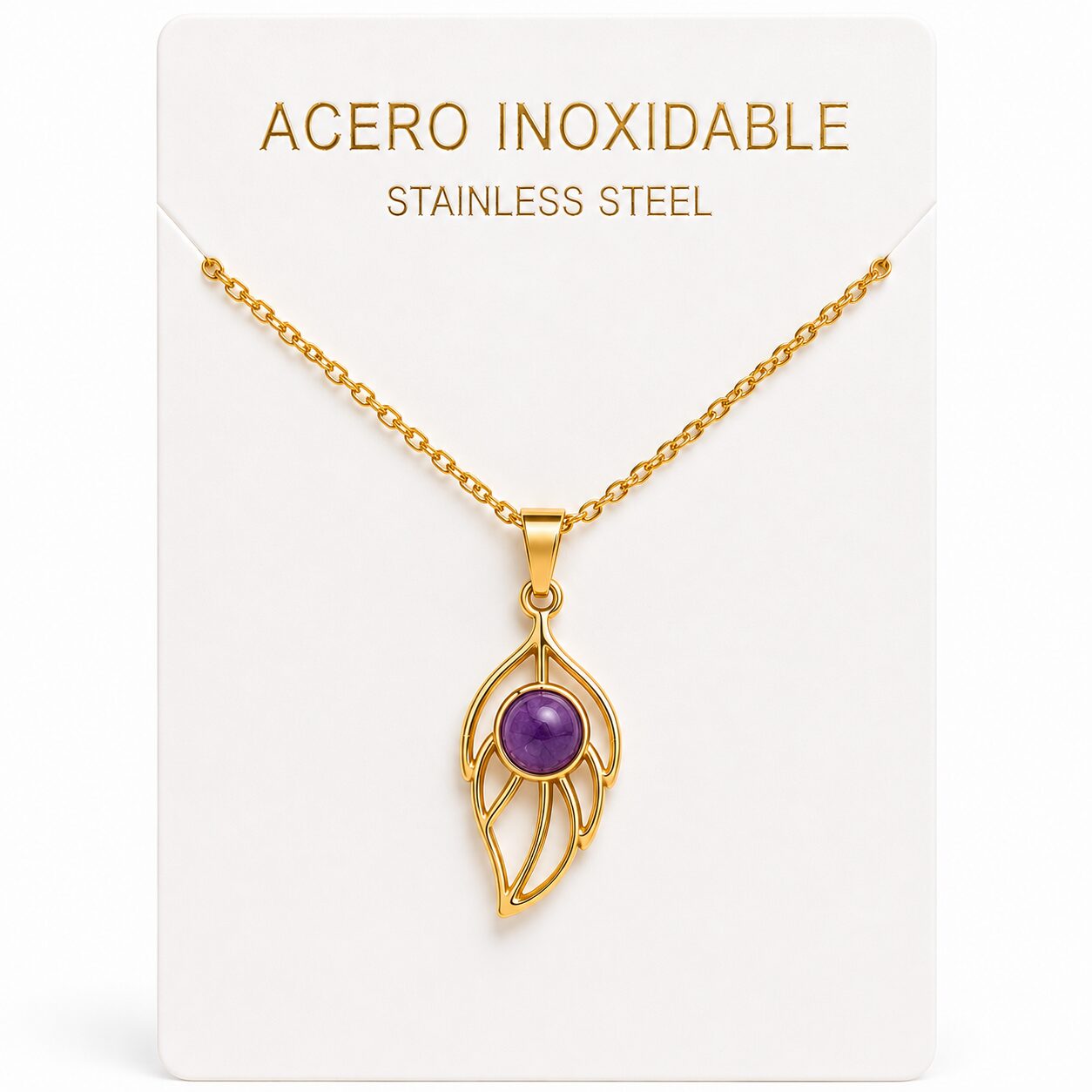 Collar Hoja de Acero Inoxidable Dorado con Amatista