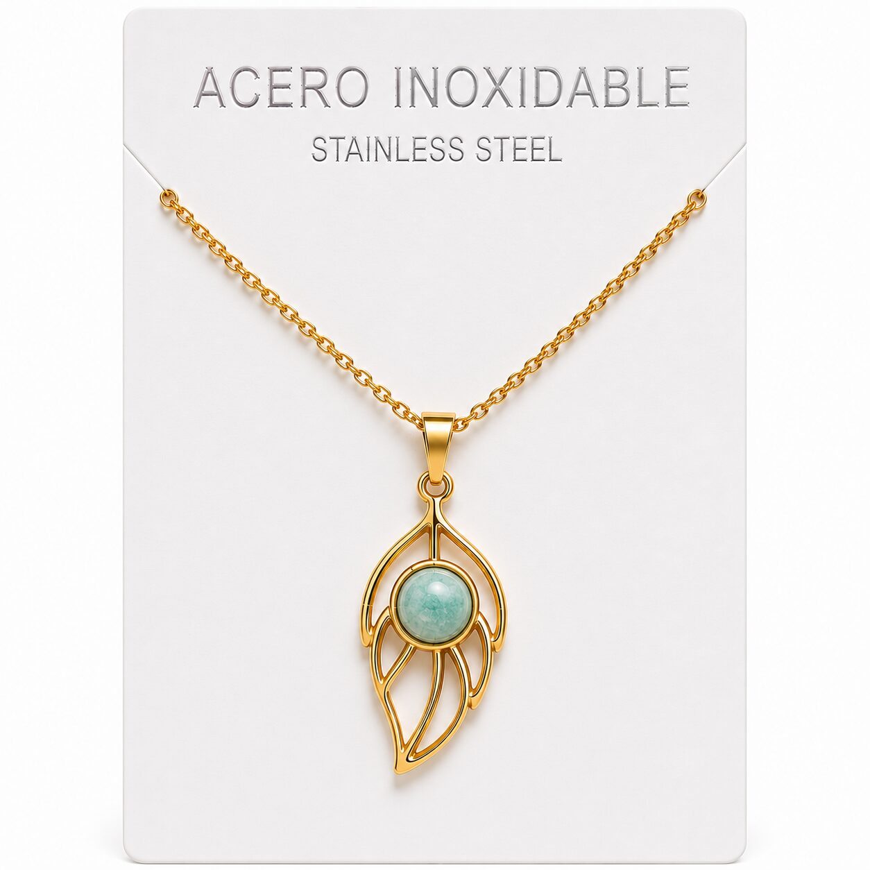 Collar Hoja de Acero Inoxidable Dorado con Amazonita