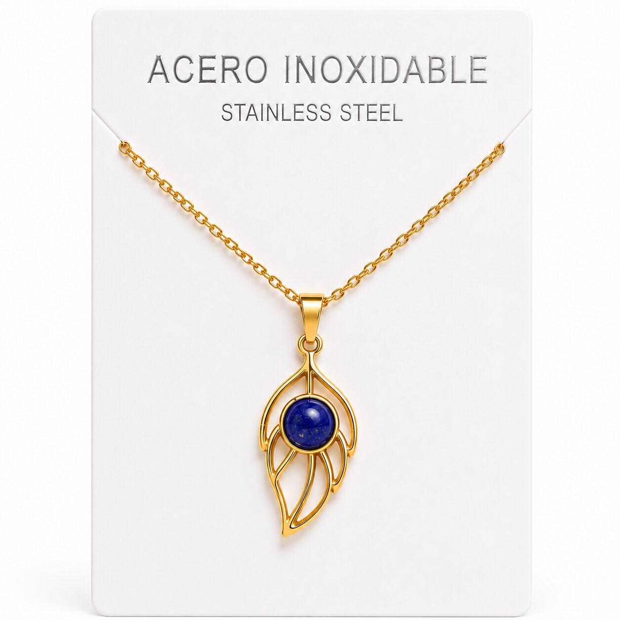 Collar Hoja de Acero Inoxidable Dorado con Lapislázuli
