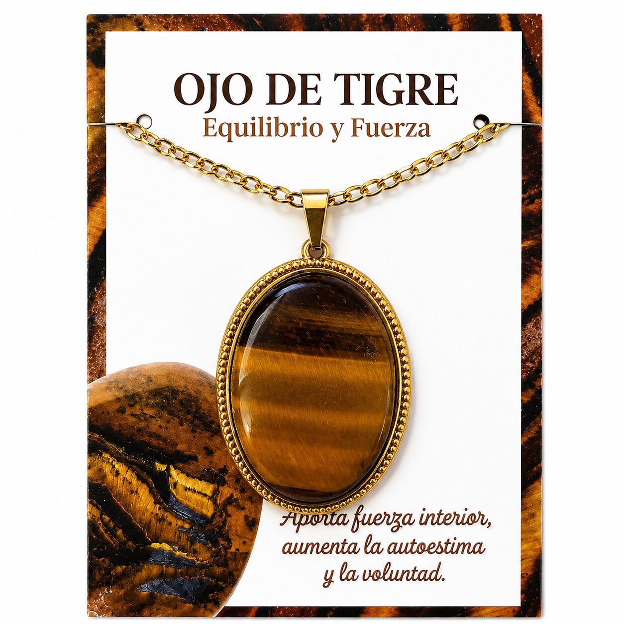 Collar Ovalado de Acero Inoxidable Dorado con Ojo de Tigre