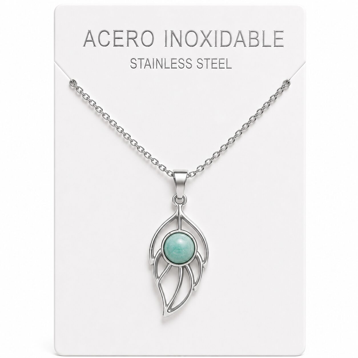 Collar Hoja de Acero Inoxidable Plateado con Amazonita