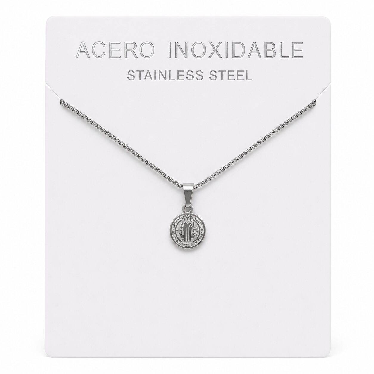 Colgante Mini Medalla de San Benito de Acero Inoxidable Plateado