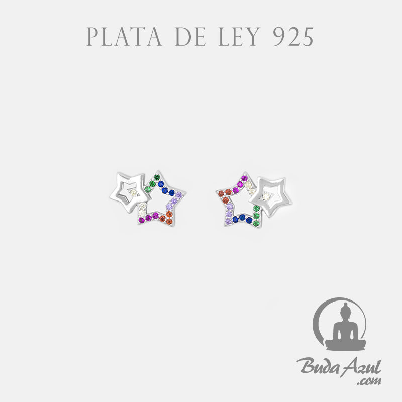 Pendientes Plata de Ley 925 DOBLE ESTRELLAS CIRCONITAS COLORES REF. 690