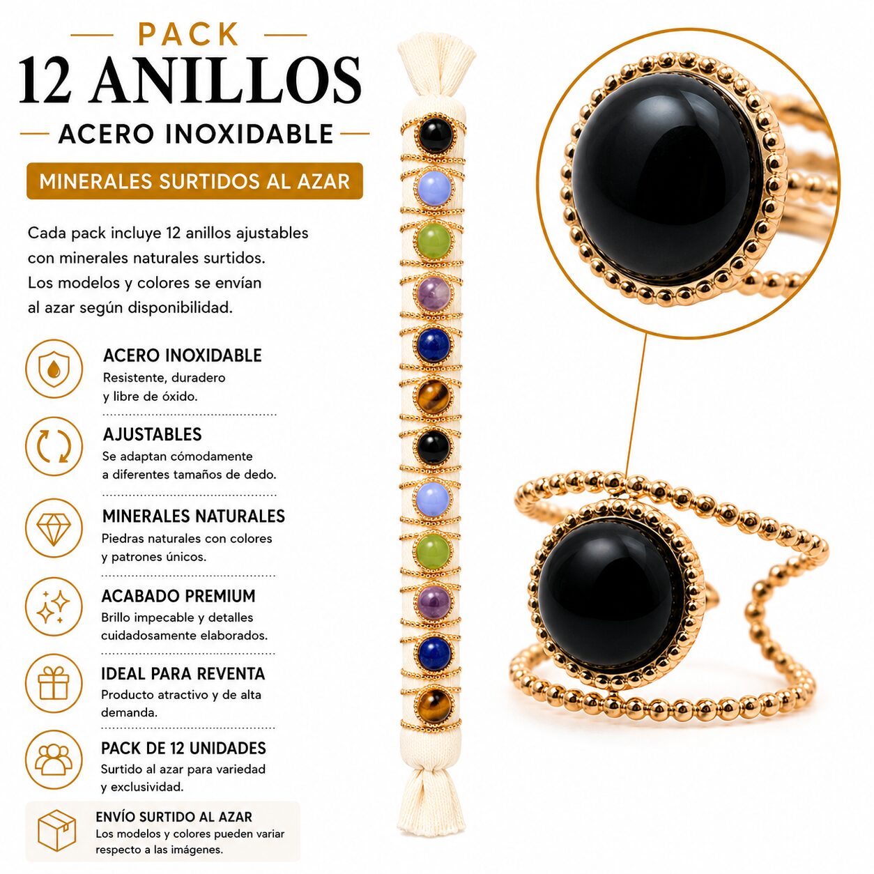 Pack de 12 Anillos Ajustables Modelo 14 de Acero Inoxidable Dorado con Minerales Naturales Surtidos