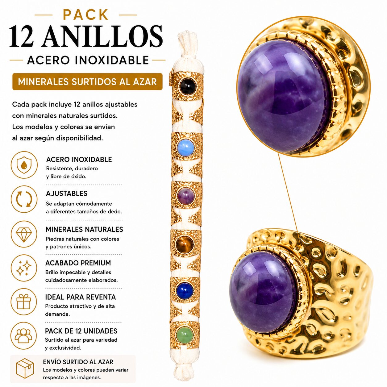 Pack de 12 Anillos Ajustables Modelo 7 de Acero Inoxidable Dorado con Minerales Naturales Surtidos