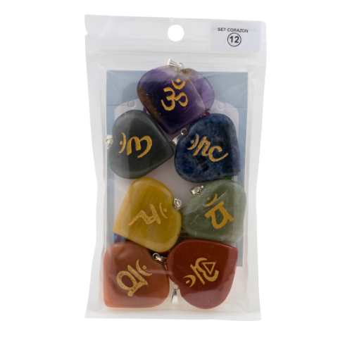 SET 7 COLGANTE CORAZÓN MINERAL CHAKRAS GRABADO 890