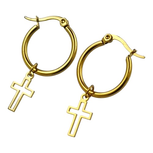 Pendientes Argollas Acero Dorado Cruz