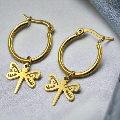 Pendientes Argollas Acero Dorado Libelula