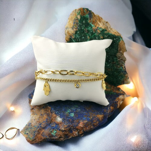 PULSERA ACERO DOBLE MANO FATIMA Y BRILLANTE REF.-5