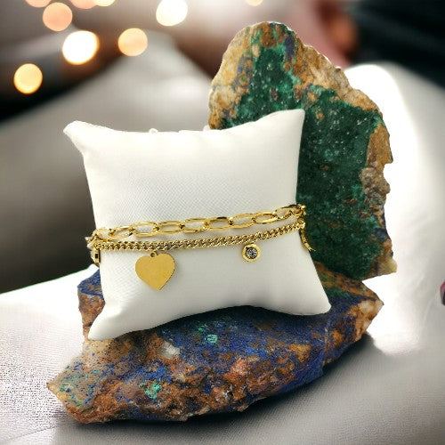 PULSERA ACERO DOBLE CORAZÓN LISO Y BRILLANTE REF-5