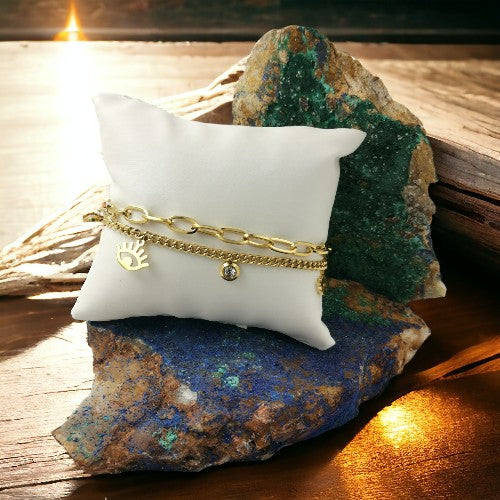PULSERA ACERO DOBLE OJO TURCO Y BRILLANTE REF-5
