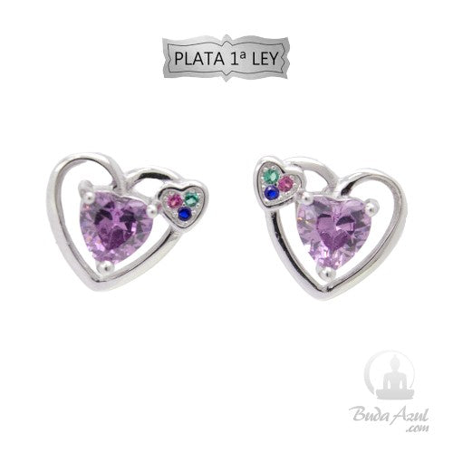 Pendientes PlataLey Corazón Circonita Malva REF490