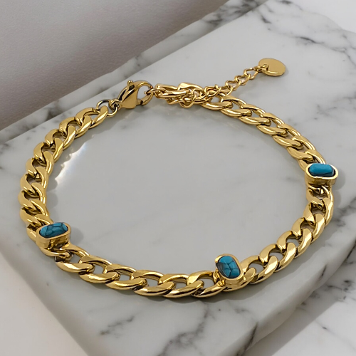 Pulsera Acero Dorado cadena con Turquesina REF. 6
