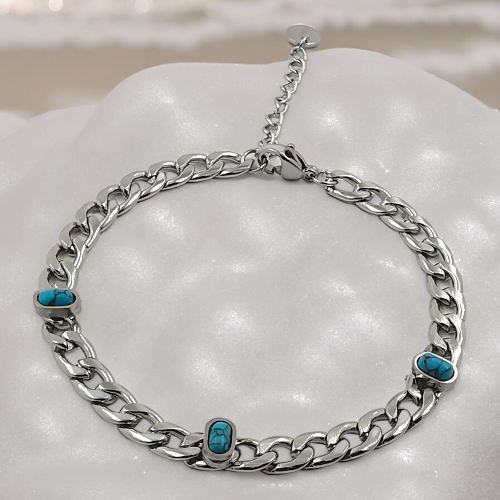 Pulsera Acero Plateado cadena con Turquesina REF.6