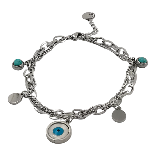 Pulsera Acero Plateado Doble cadena ojo REF.6