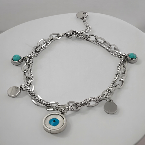Pulsera Acero Plateado Doble cadena ojo REF.6