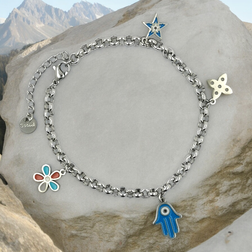 Pulsera Acero Plateado MANO FATIMA OJO TURCO REF 5