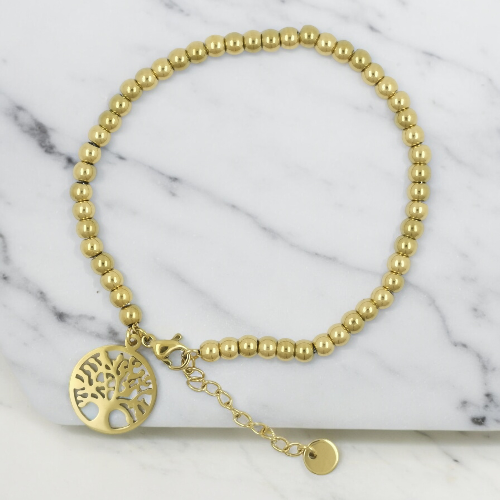 Pulsera Acero DoradoARBOL DE LA VIDA BOLAS REF 5