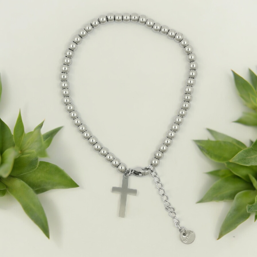 Pulsera Acero Plateado CRUZ LISA BOLAS REF 5