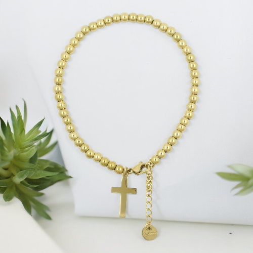 Pulsera Acero Dorado CRUZ LISA BOLAS REF 5