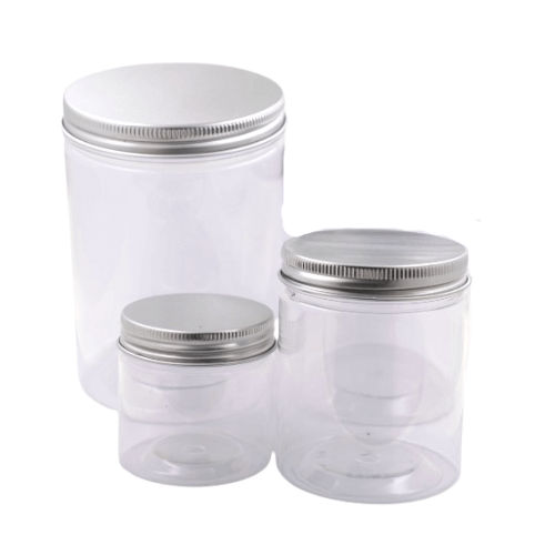 Frasco plástico transparente con tapa de aluminio