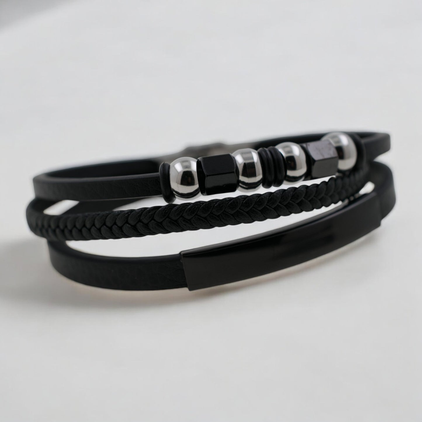 Pulsera acero polipiel Hombre Triple negro 69