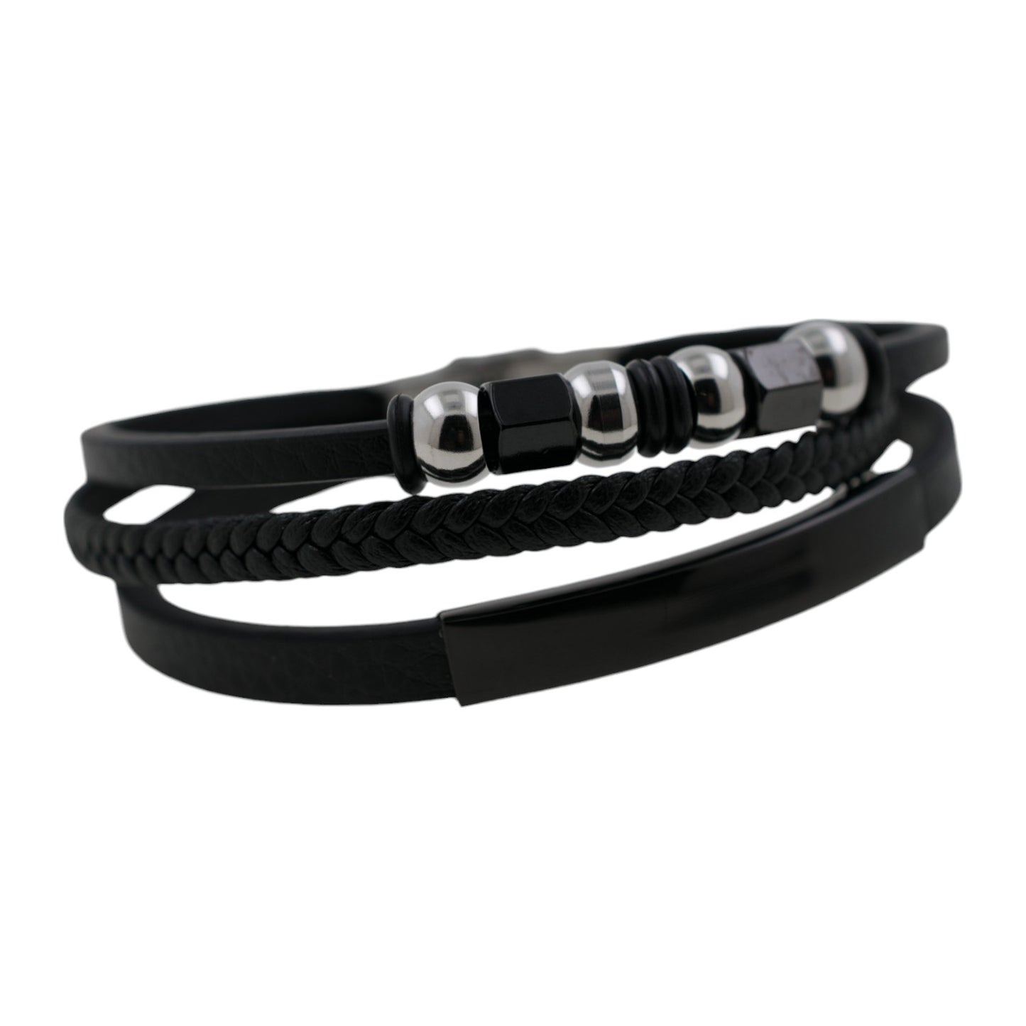 Pulsera acero polipiel Hombre Triple negro 69