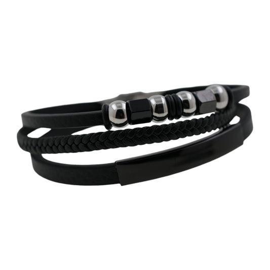 Pulsera acero polipiel Hombre Triple negro 69