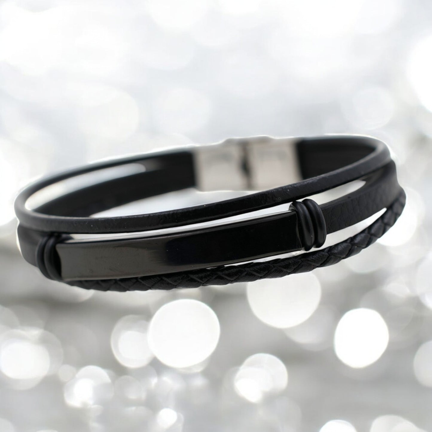 Pulsera acero polipiel Hombre 75 Triple negra