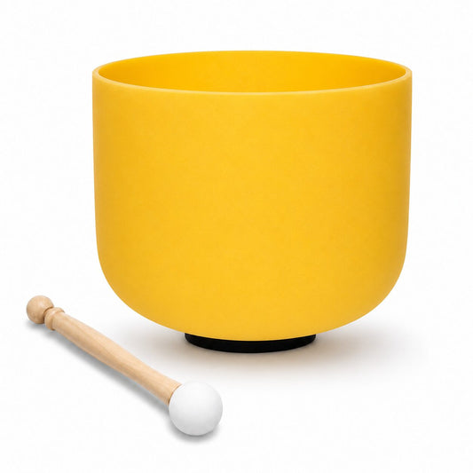 Cuenco Tibetano de Cuarzo Amarillo 10" Nota Mi Chakra Plexo Solar con Baqueta