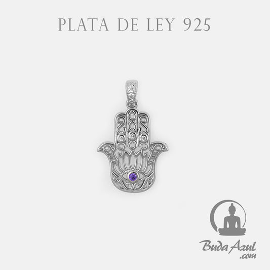 Colgante Plata de Ley 925 MANO DE FATIMA RELIEVE CIRCONITA LILA REF. 690