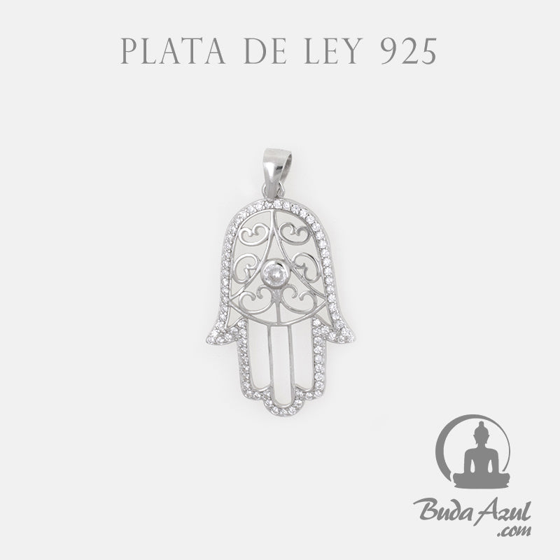Colgante Plata de Ley 925 MANO DE FATIMA RELIEVE PIEDRAS CIRCONITA REF. 790