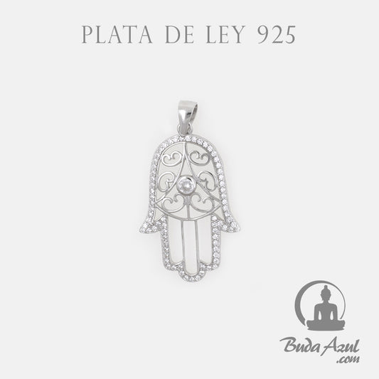 Colgante Plata de Ley 925 MANO DE FATIMA RELIEVE PIEDRAS CIRCONITA REF. 790
