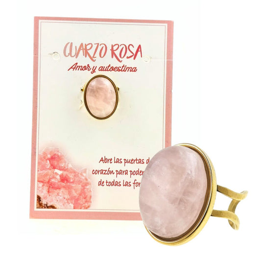 Anillo ajustable acero dorado mineral pulido CUARZO ROSA