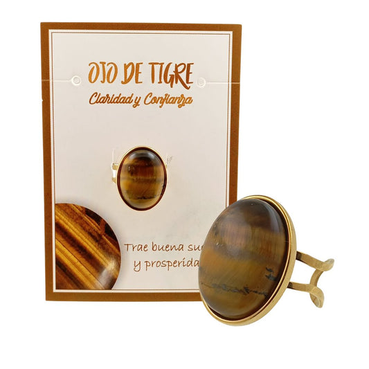 Anillo ajustable acero dorado mineral pulido OJO DE TIGRE