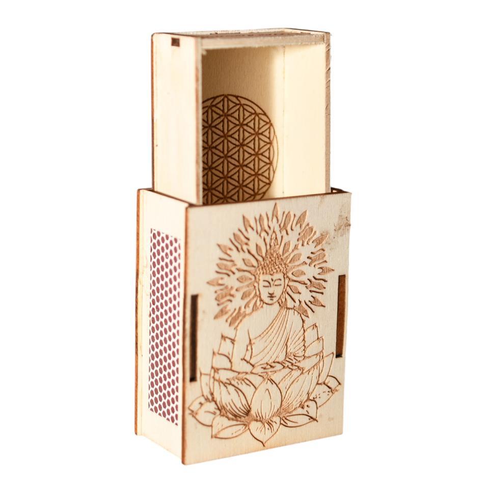 Caja cerillas grabada madera BUDA /FLOR DE LA VIDA