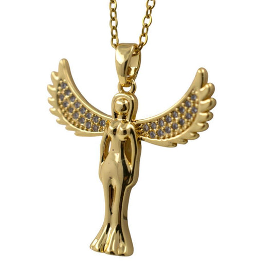 Colgante Acero Dorado Ángel con Alas Circonitas
